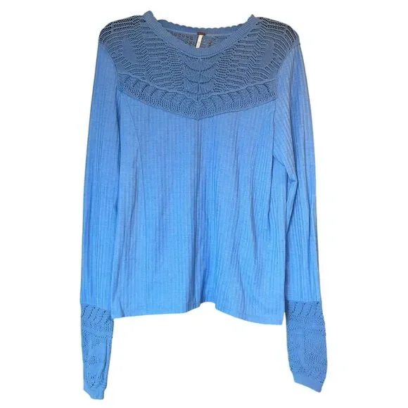 Free People M Colette Pointelle Crochet Sleeve Knit Pullover Top - Picture 2 of 6